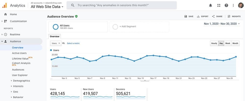 Google Analytics Traffic November 2020