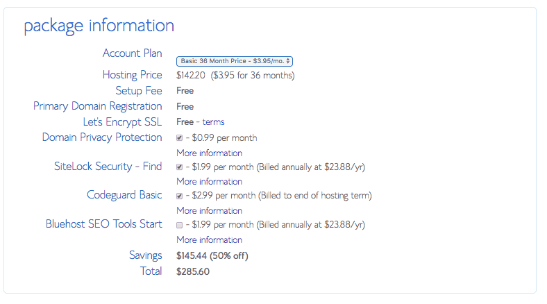 Bluehost Package Information