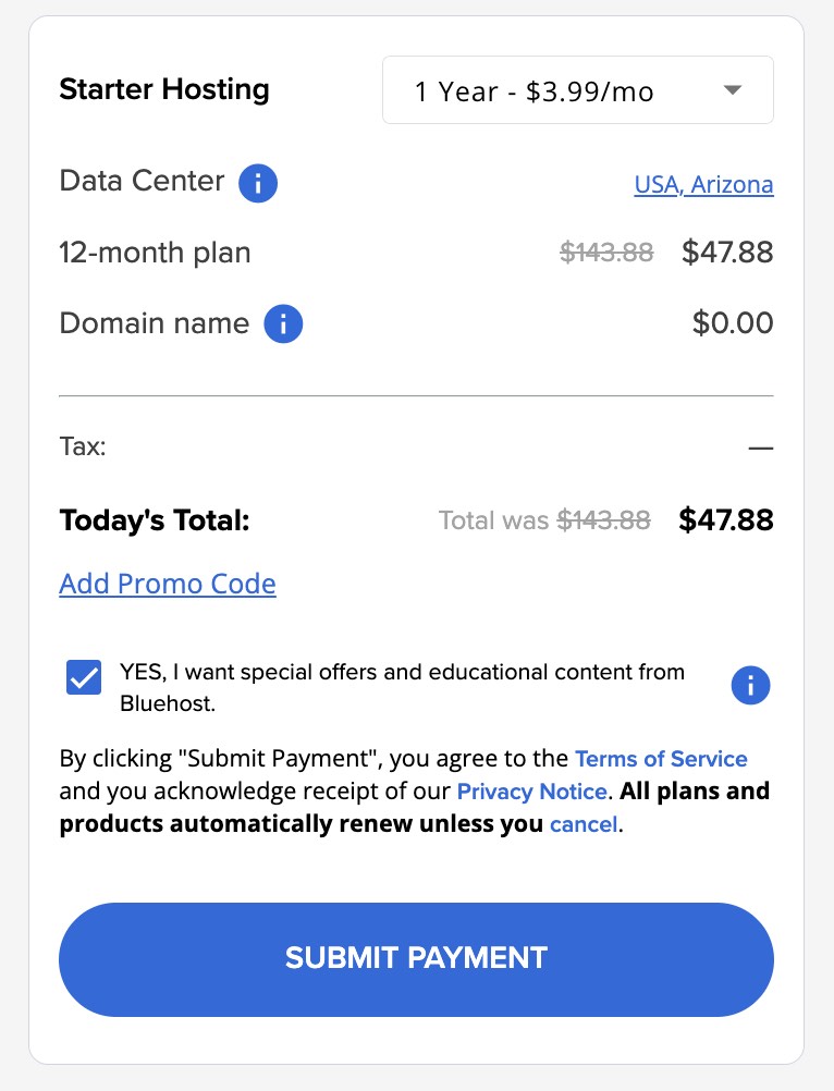 Bluehost Submit Payment