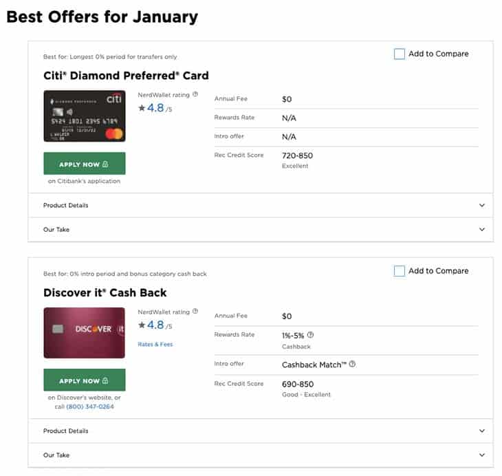 NerdWallet Best Credit Cards Example