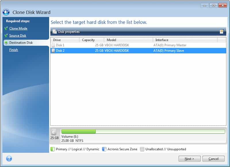 Acronis: target hard disk