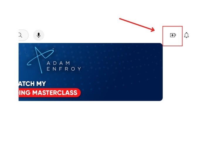 Adam's youtube page with an arrow pointing to the upload camera