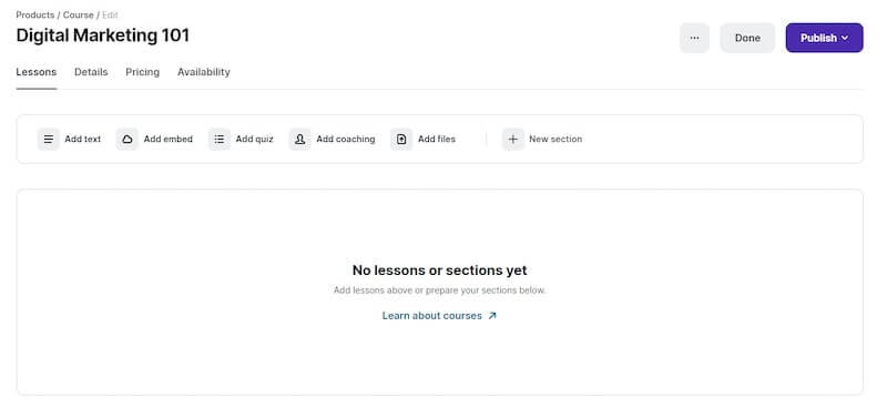 Add lessons Podia