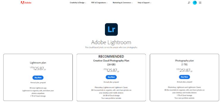 adobe lightroom pricing