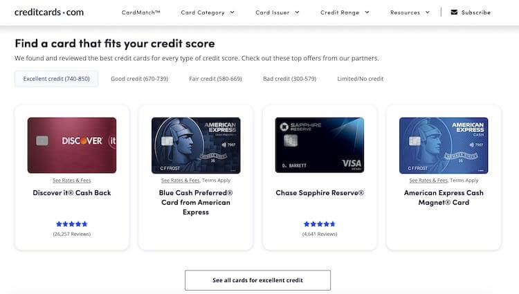 Affiliate marketing big web properties example - creditcards.com