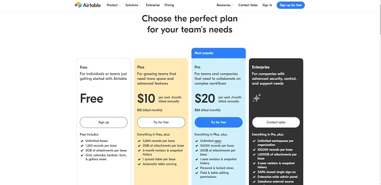 Airtable Pricing Page