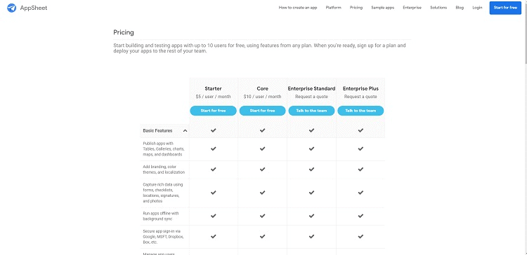 AppSheet Pricing Page