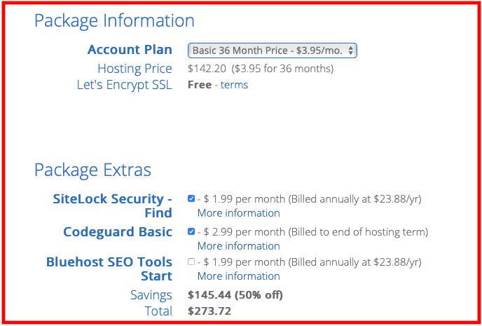 Bluehost Signup process: Add Package Information