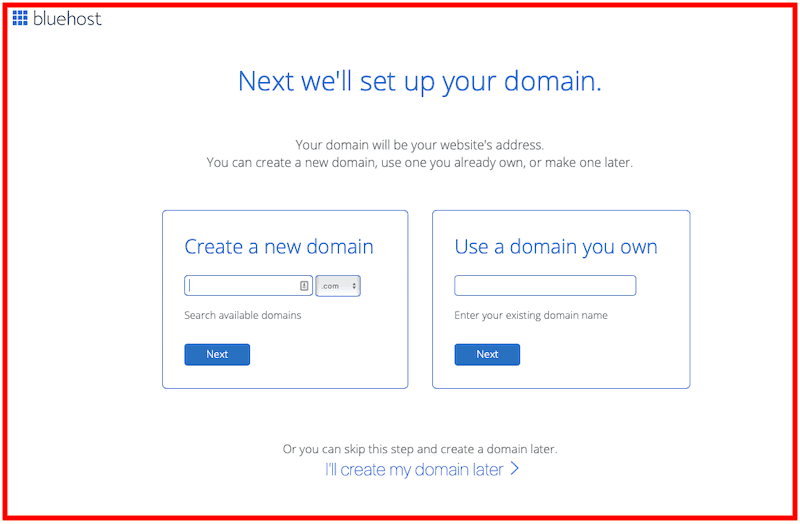 Bluehost Signup process: Domain name