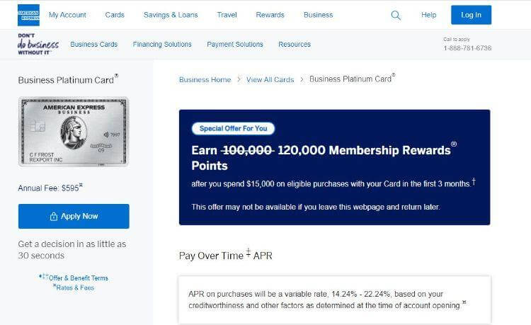 Business Platinum Card homepage