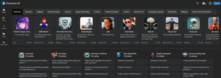 character.ai homepage
