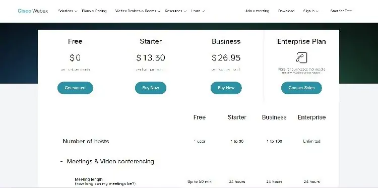 صفحة تسعير Cisco WebEx