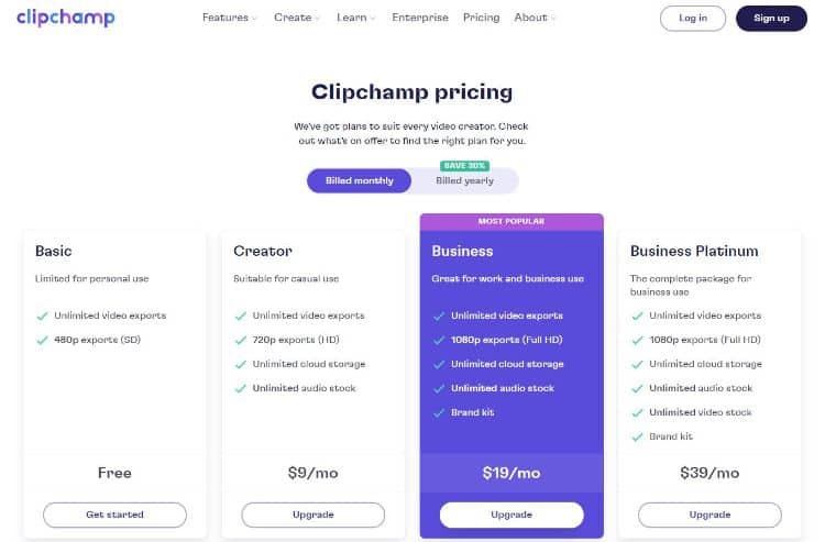 clipchamp pricing