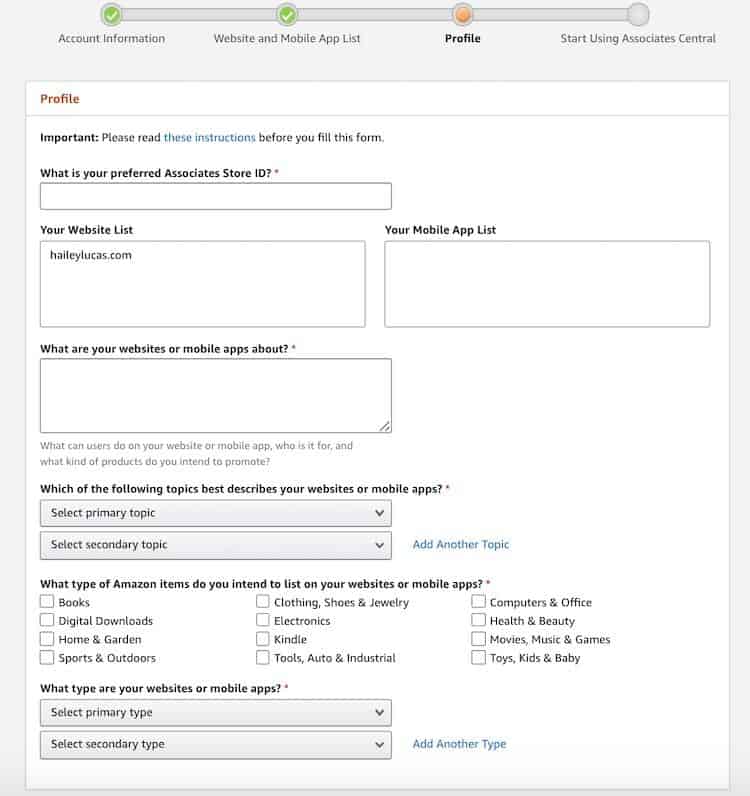 Creating an amazon associates account