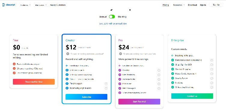 Descript Pricing Page