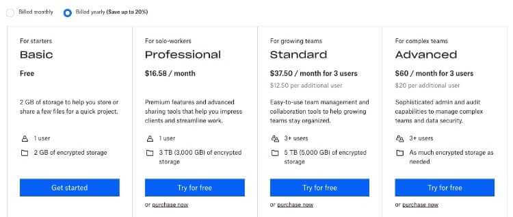Dropbox Pricing Page
