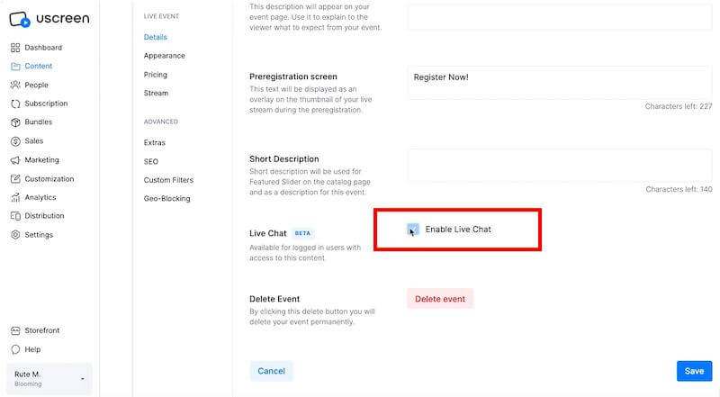 Enable Live Chat Uscreen