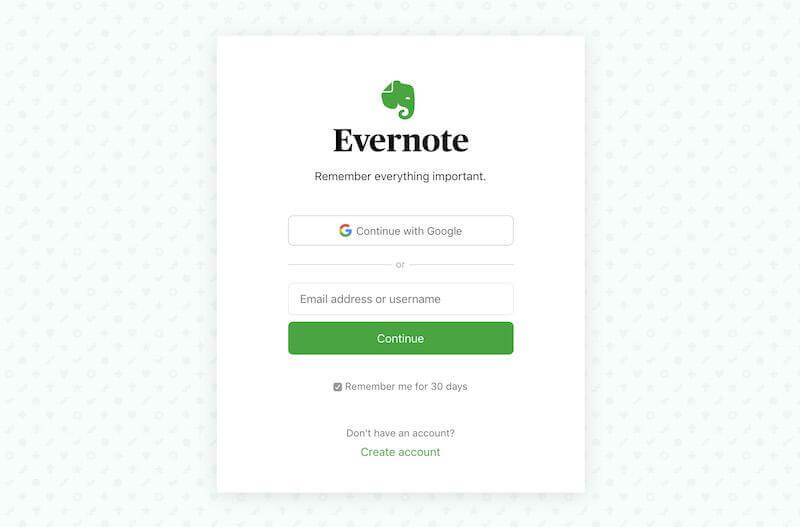 Evernote Login Page