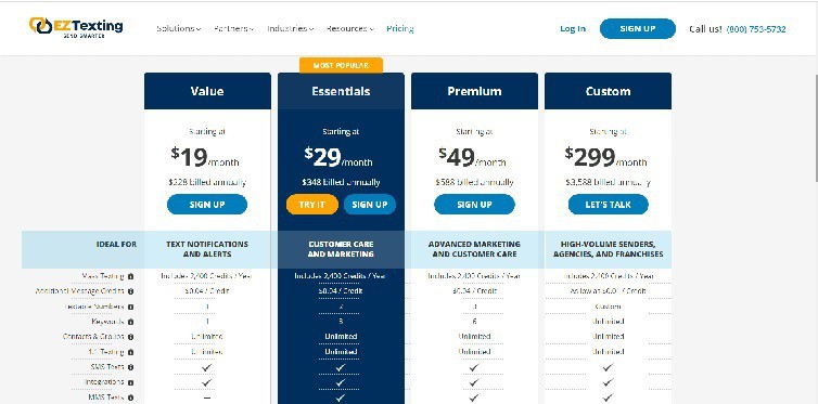 EZ Texting Pricing Page