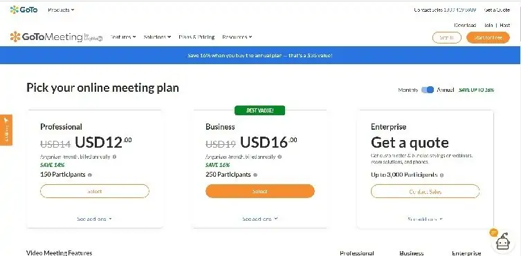 صفحة تسعير GoToMeeting