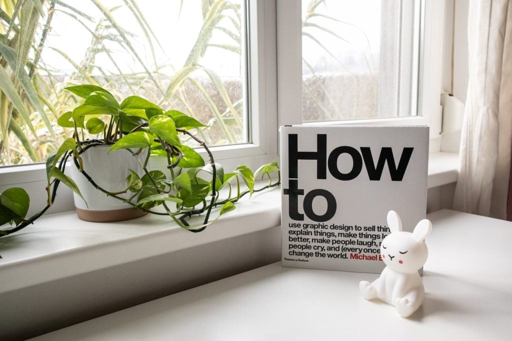 A white book on a table next to a plant that says: How to. There's a rabbit meditating next to it.
