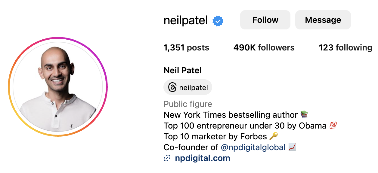 Neil patel's instagram bio screenshot