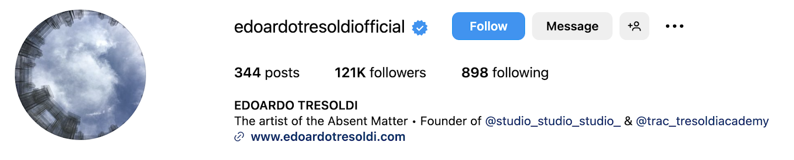 screenshot of the instagram profile or Edoarda, a famous artist