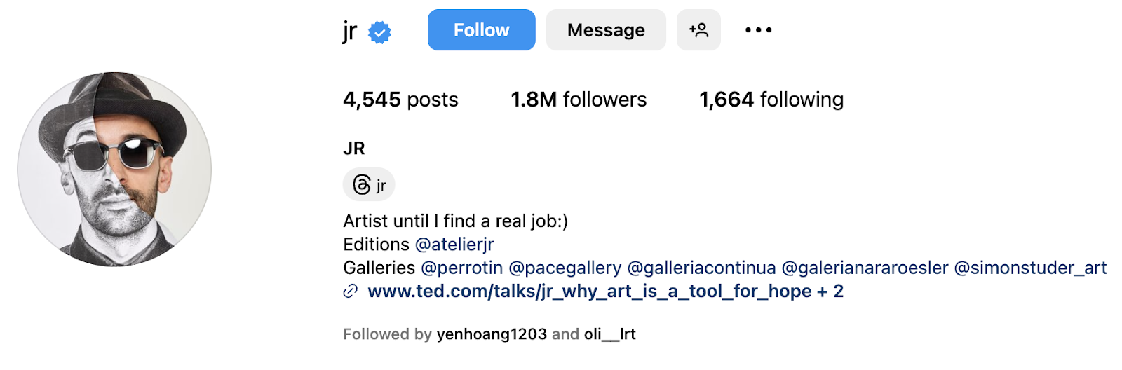 Screenshot of the Instagram profile of JR, a famous french artist