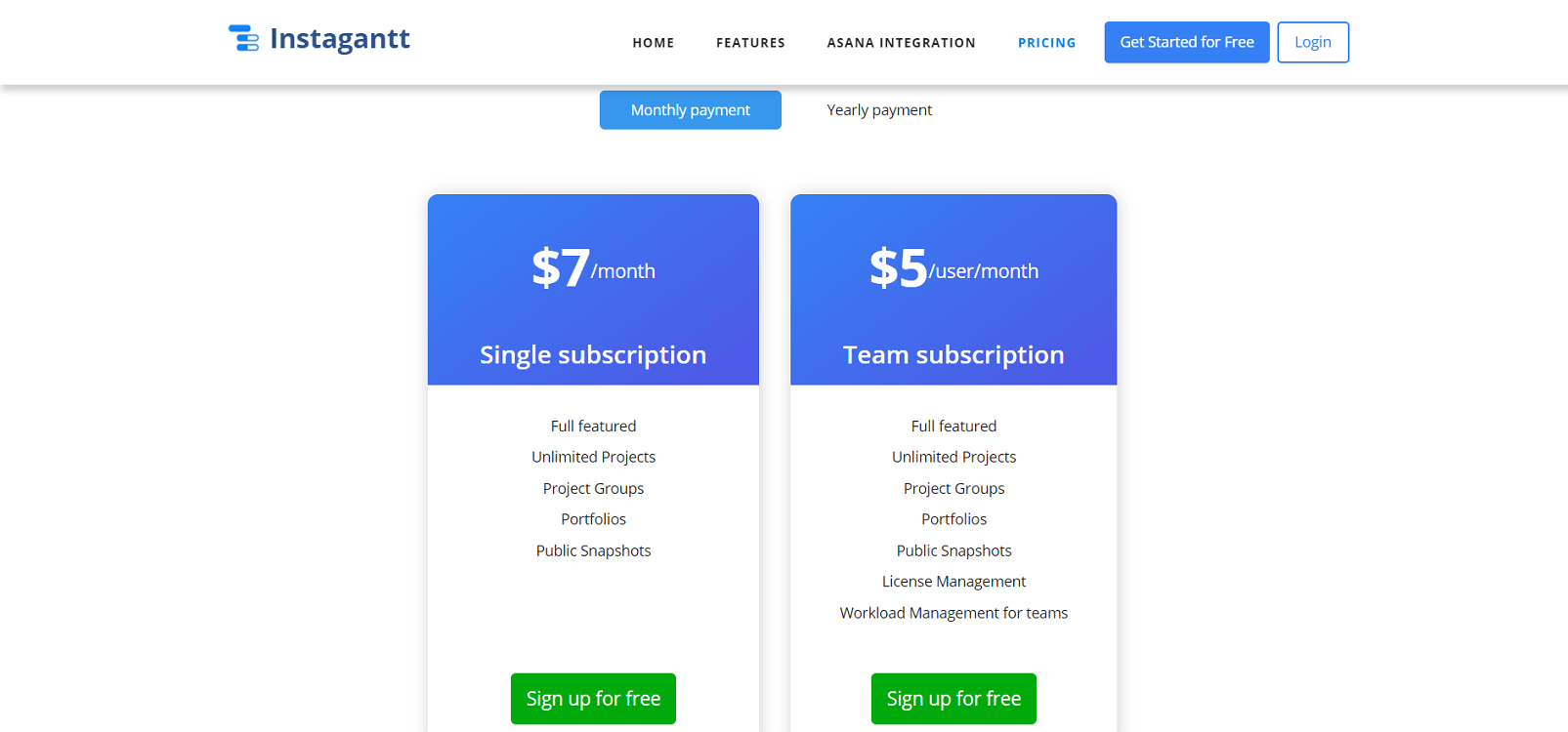 InstaGantt Pricing Page
