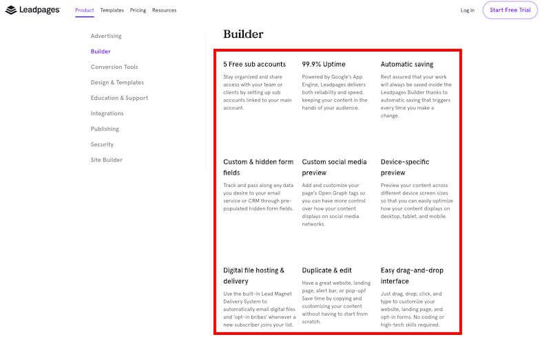 Landing Page Builder: Leadpages features 