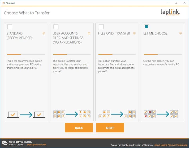 Laplink PCmover - transfer options