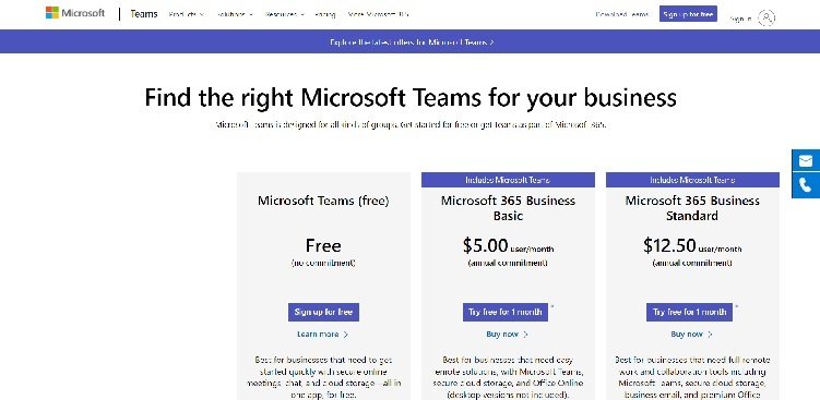 Microsoft Teams Pricing Page