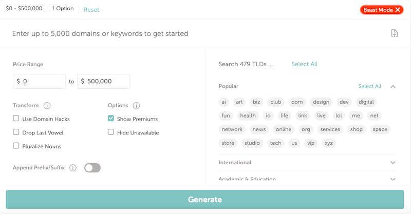 Namecheap: Domain Name Filters 