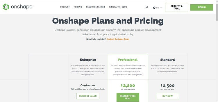 OnShape Pricing Page
