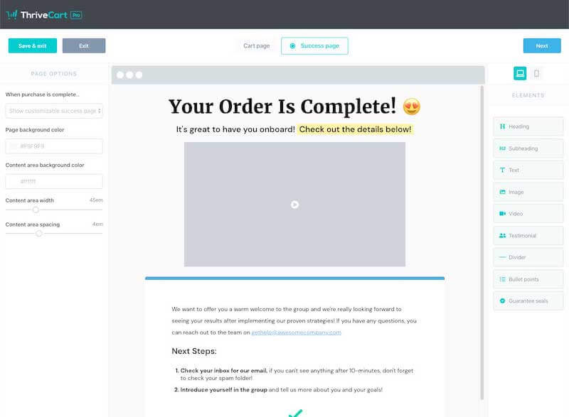 Order complete page