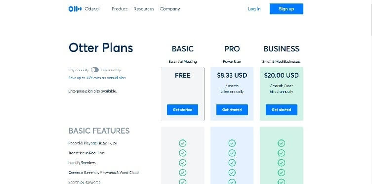 Otter Pricing Page