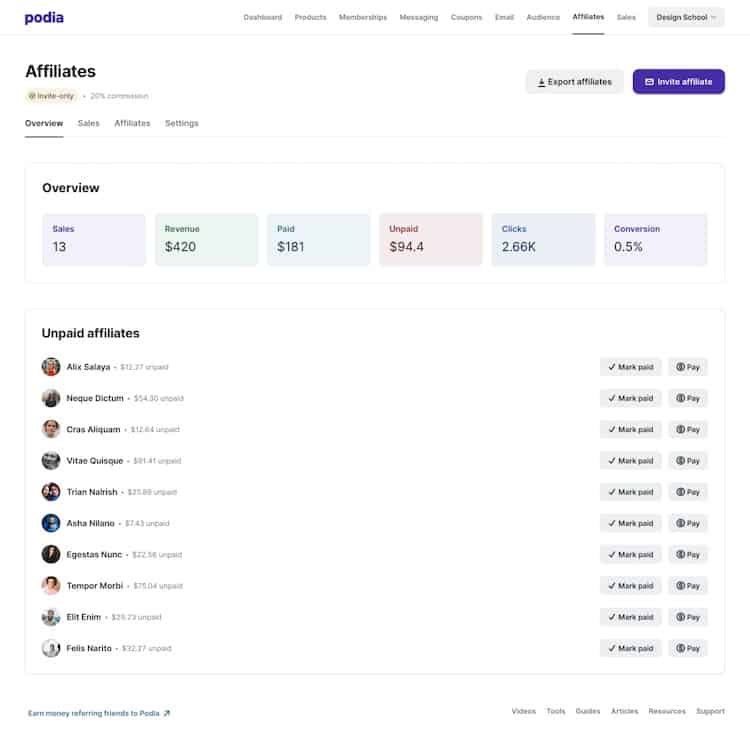 Podia affiliate marketing feature