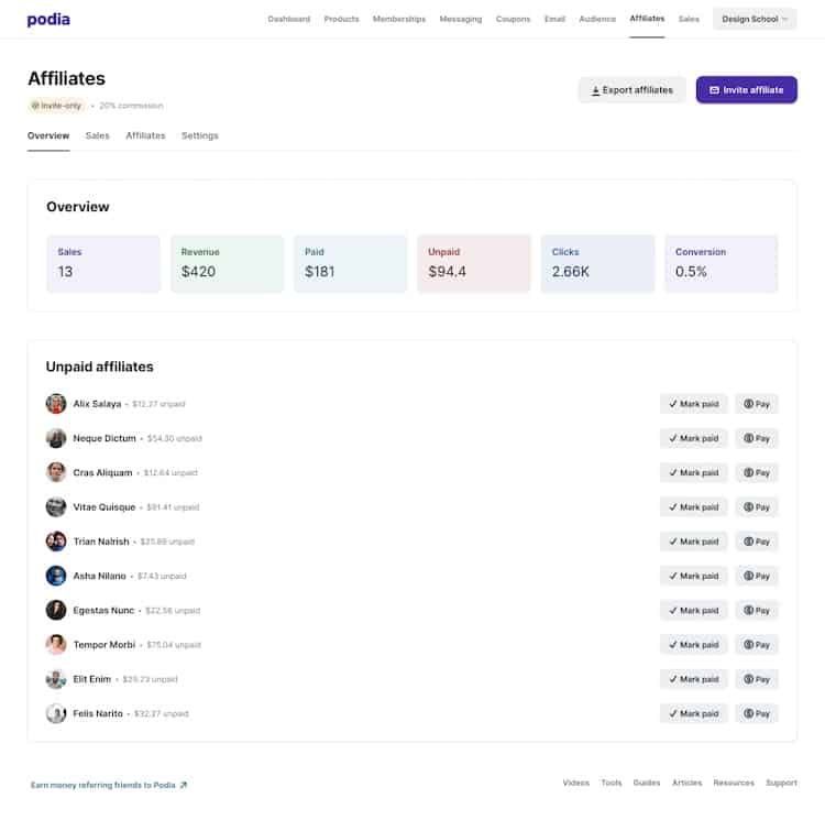 Podia affiliate marketing feature 