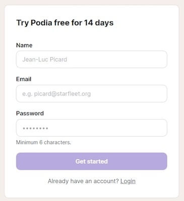 Podia sign up process