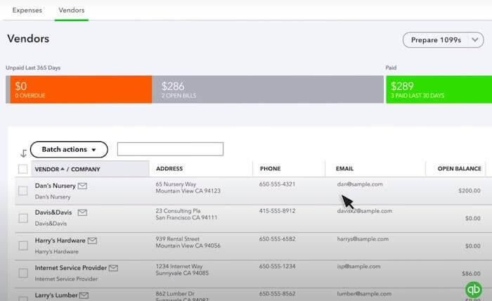 QuickBooks Bills list