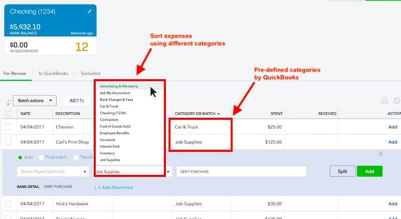 QuickBooks expense categories