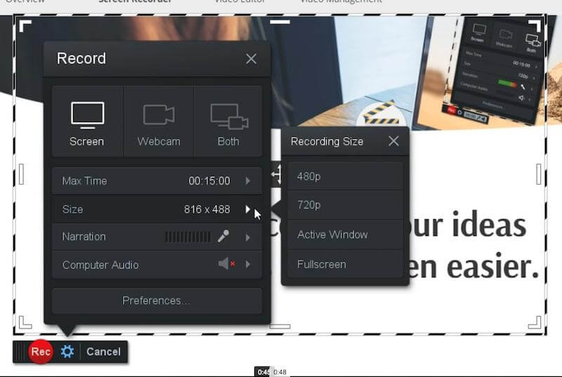 Screencast Matic: Size options