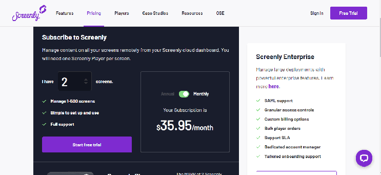 Screenly Pricing Page
