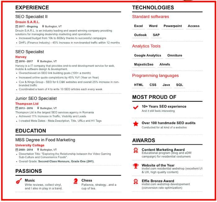 SEO/SEM Marketing resume