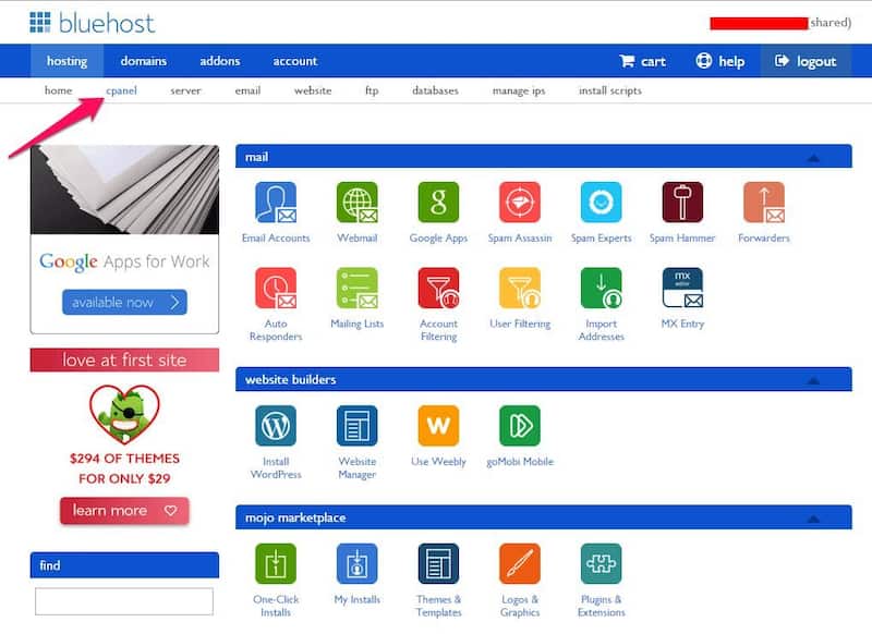 Siteground vs. Bluehost: Bluehost cPanel
