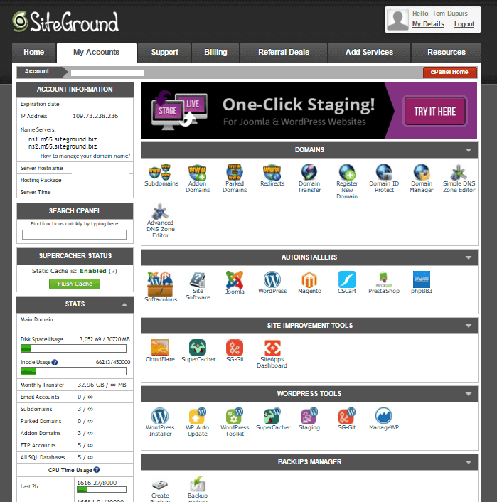 Siteground vs. Bluehost: SiteGround cPanel