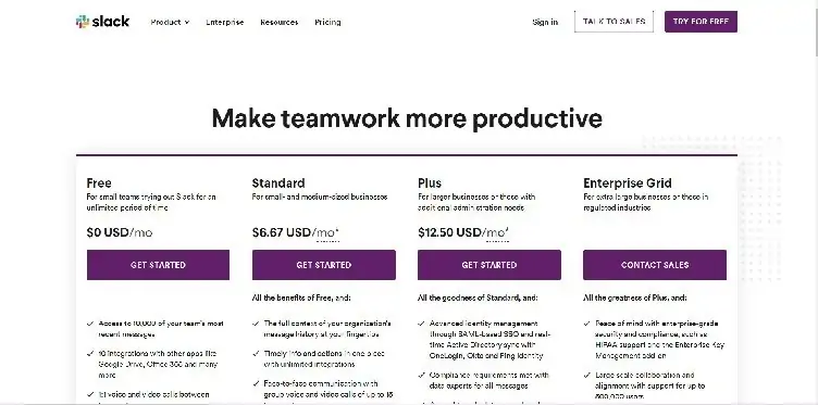 صفحة تسعير Slack