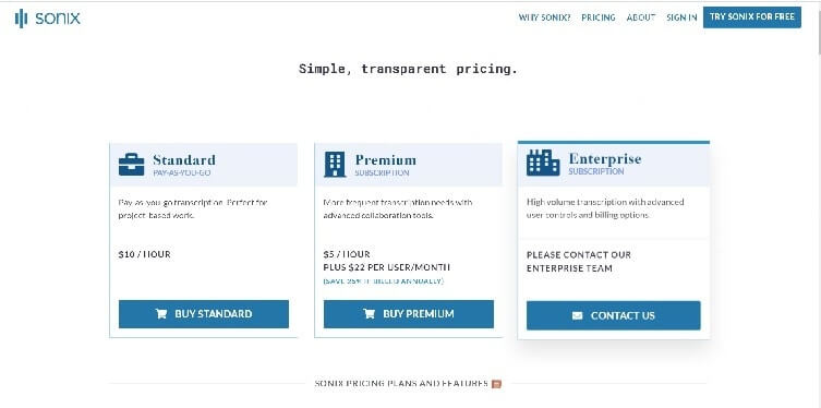 Sonix Pricing Page