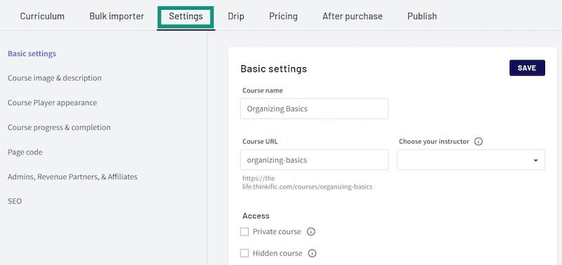 Thinkific course settings 