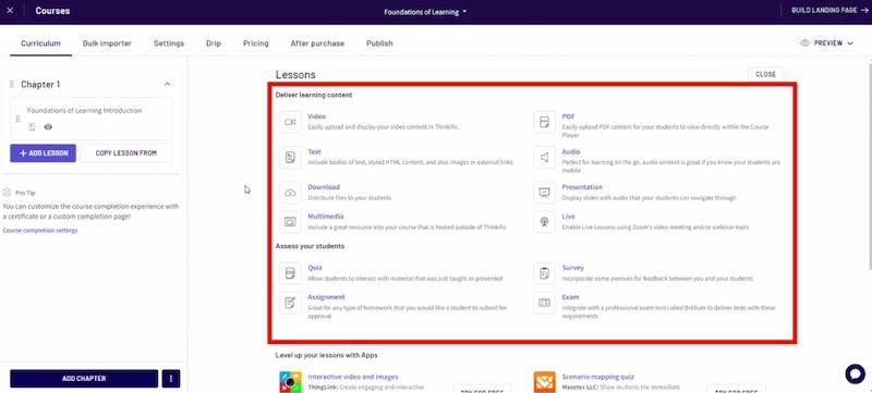 Thinkific: types of lessons 
